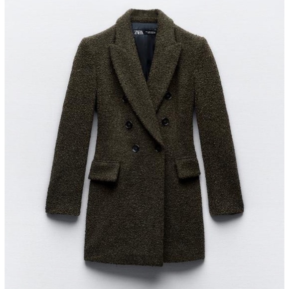 Zara khaki long wool blend boucle double breasted blazer coat NWT - Picture 1 of 13